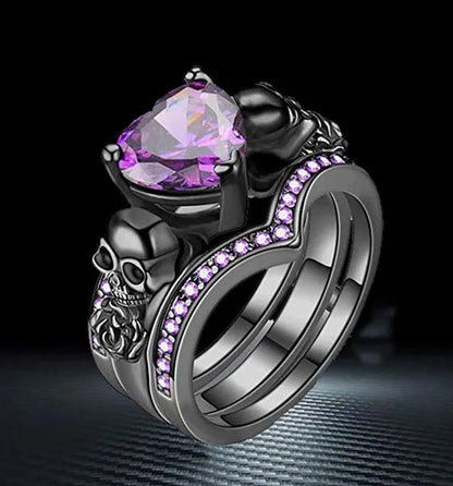 Gothic Skull Black Rings Set Women Rose Flower Red Purple Heart Love Zircon Crystal Christmas Anniversary Engagement Gift