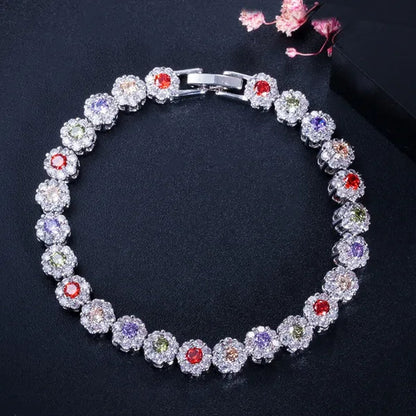 Gloriya Exquisite Silver Plated Fashion Hand Jewelry Pave Twinkling Multi Color Cubic Zirconia Crystal Party Flower Tennis Bracelet for Women (Free Extension)