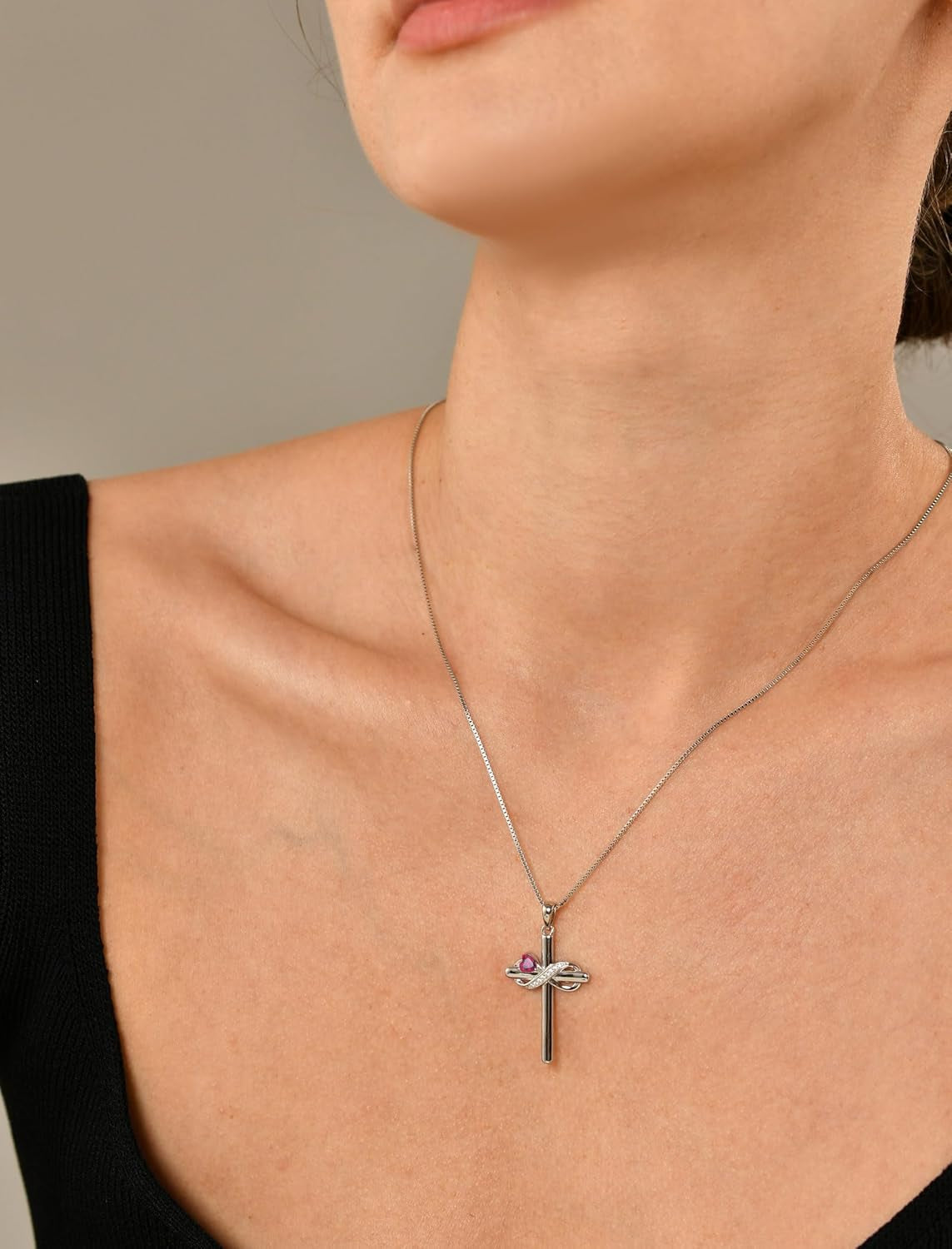 Infinity Cross Necklace Sterling Silver Crucifix Pendant Heart Birthstone Criss Jewelry for Women - WORLD TIME VISITS