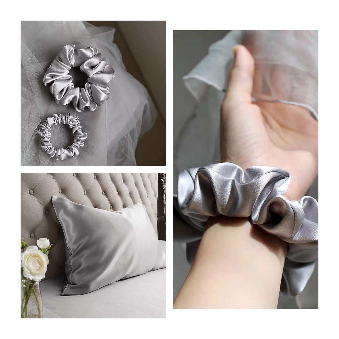 100% Mulberry Silk-Scrunchies for Hair Sleep, Women Grils Silk Hair Ties for Frizz & Breakage Curly Hair, No Damage, Elastics Ponytail Holder, 3 Pack