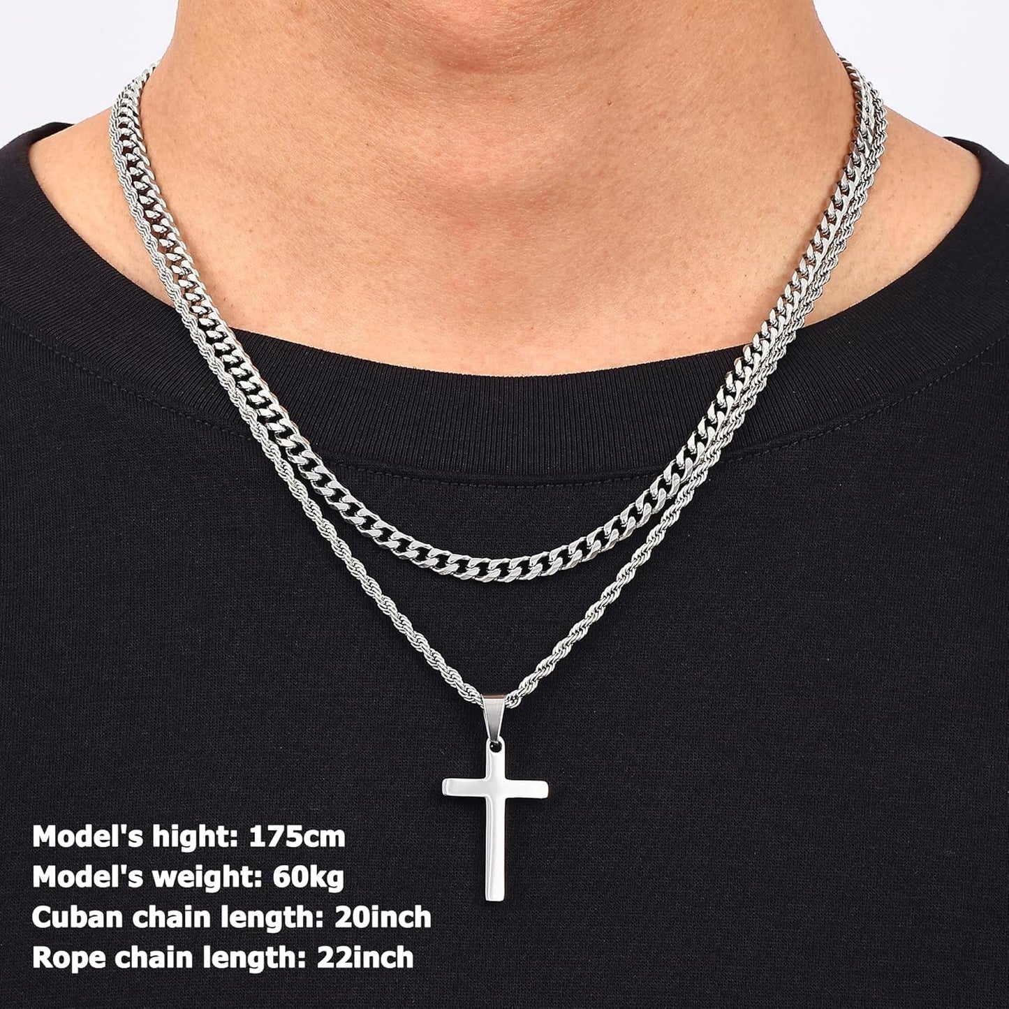 Valentines Gifts for Him - 2 Pcs Cross Necklace Chain for Men and Women, Layered Mens Cross Necklaces Stainless Steel Pendant Cuban Link Rope Chain 16-26 Inch, Jewelry Gift