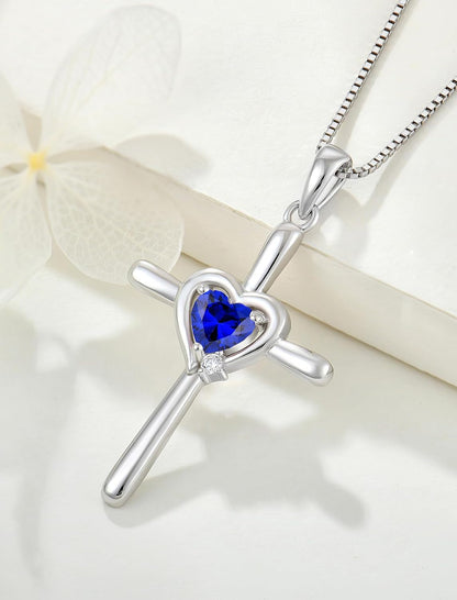 Cross Necklace 925 Sterling Silver Religious Pendant Crucifix Heart Birthstone Jewelry