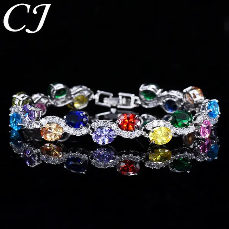 CANDICE Brilliant Multicolor Cubic Zirconia Crystal Pave Setting S Shaped Silver Plated Tennis Bracelets Bangles for Women New Summer Jewelry