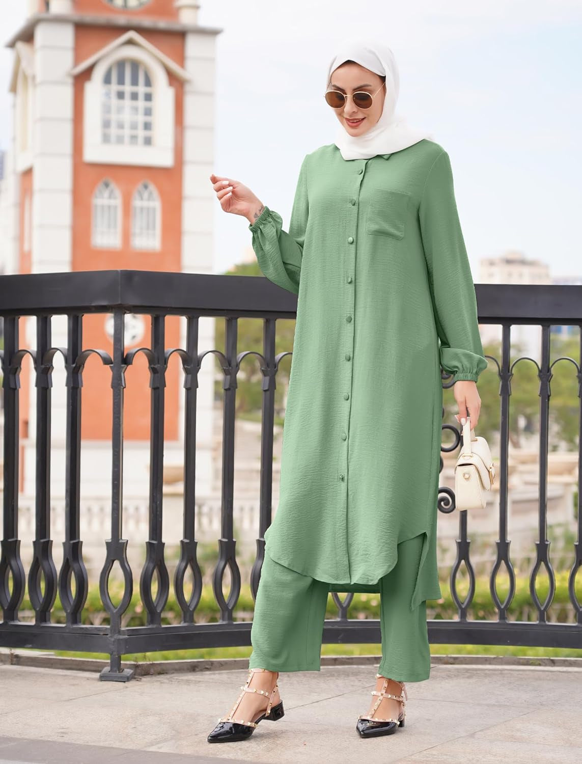 Women'S Muslim 2 Pieces Sets Long Sleeve Button down Shirt and Pants Abaya Casual Dress Dubai Outfits
