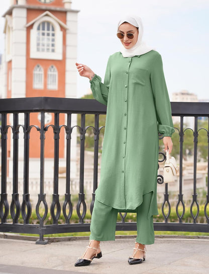 Women'S Muslim 2 Pieces Sets Long Sleeve Button down Shirt and Pants Abaya Casual Dress Dubai Outfits