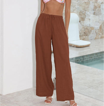 Womens Cotton Linen Palazzo Pants Drawstring Elastic Waist Casual Wide Leg Trousers with Pockets