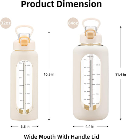 64 Oz Glass Water Bolttles with Straw Half Gallon Large Motivational Water Bottle with Time Marker Sports Water Bottles with Silicone Sleeve and Handle Lid Water Jug for Gym Workout