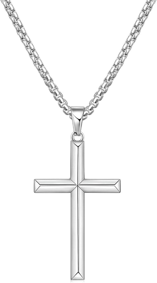 Beveled Edge Cross Necklace for Men, Silver Tone/Black/14K Gold Plated Mens Cross Necklace, 2.5MM Stainless Steel Box Chain with Pendant