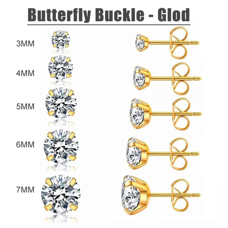 5 Pairs/Set Stainless Steel Mens Womens Stud Earrings Set round Cubic Zirconia Flat Back Earrings Piercing Ear Cartilage Hypoallergenic Men'S Earrings 3-7Mm