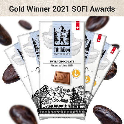 Milkboy Swiss Chocolate Bars - Premium Swiss Alpine Milk Chocolate - Smooth European Milk Chocolates Gift - Sustainably Farmed Cocoa - Gluten Free - 3 Oz, Pack 2