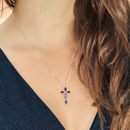 Cross Necklace for Women in 925 Silver and 10K Yellow Gold with Tanzanite and Created Ruby and London Blue Topaz | 1.61 Cttw | Jesus Christian Religious Crucifix | Marquise 8X4MM | with 18 Inch Chain