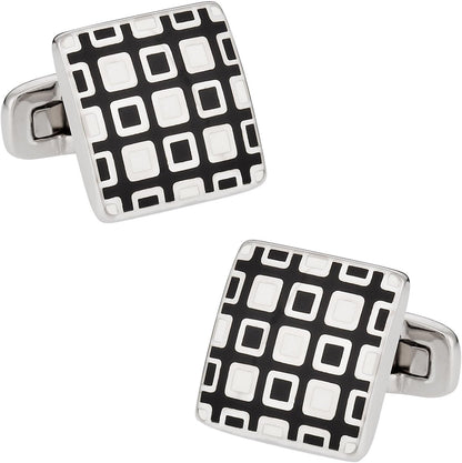 Black White Enamel Square Cufflinks with Presentation Box - WORLD TIME VISITS