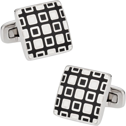 Black White Enamel Square Cufflinks with Presentation Box - WORLD TIME VISITS