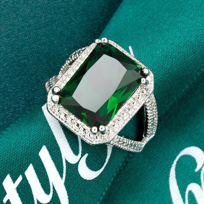 Emerald Halo 925 Sterling Silver Emerald Ring Cocktail Rings Square Cut Green Gem Cubic Zirconia Anniversary Promise Ring CZ Eternity Engagement Wedding Band Ring for Women (7)