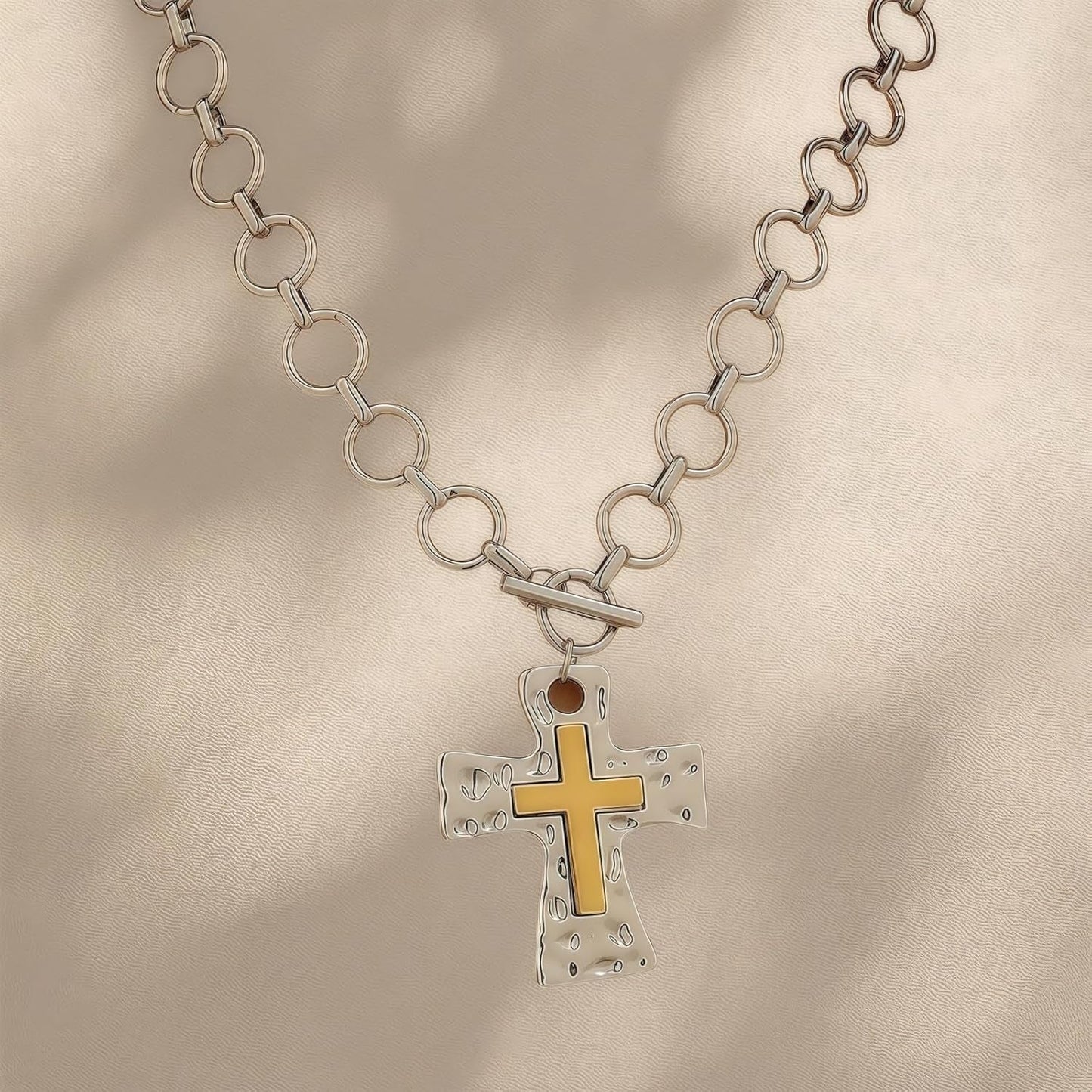 Gold Silver Chunky Cross Necklace for Women Men Layered Hammered Bold Vintage Toggle Clasp Religious Christian Statement Cross Pendant Choker Party Hallowmas Christmas Jewelry Gift
