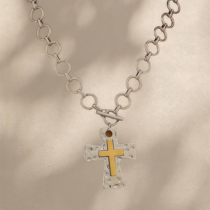 Gold Silver Chunky Cross Necklace for Women Men Layered Hammered Bold Vintage Toggle Clasp Religious Christian Statement Cross Pendant Choker Party Hallowmas Christmas Jewelry Gift