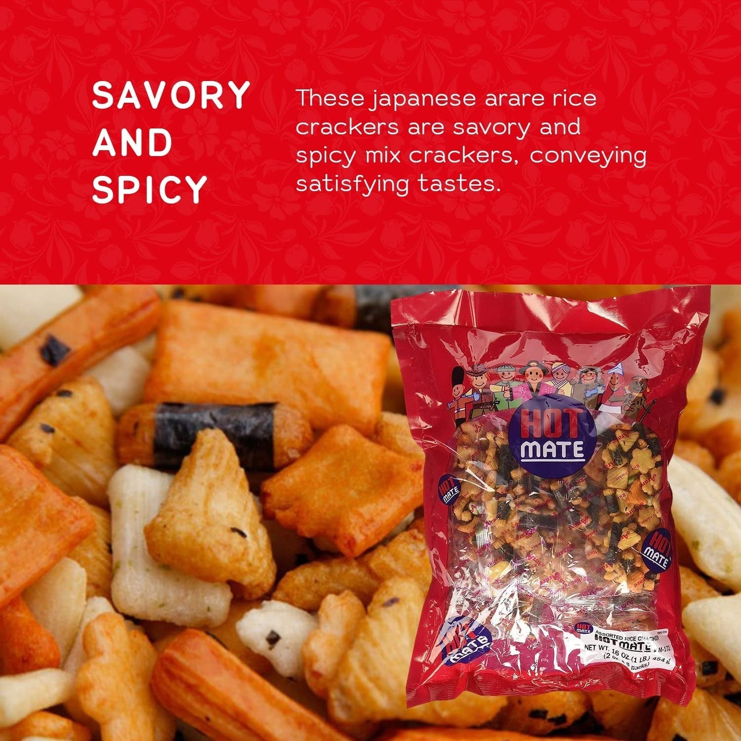 Hot Mate Japanese Rice Cracker | Oriental Asian Arare Rice Crackers with Glutinous Rice, Wasabi Green Peas, and Soy Sauce | Mixed Flavor, 16 Oz. (Pack of 1)