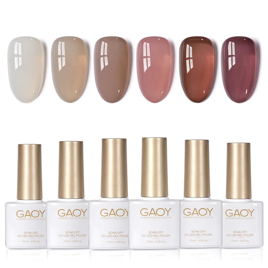 Jelly Brown White Gel Nail Polish Set, 6 Translucent Colors Sheer Pink Maroon Soak off UV Light Cure Gel Polish Kit for Salon and Nail Art DIY at Home