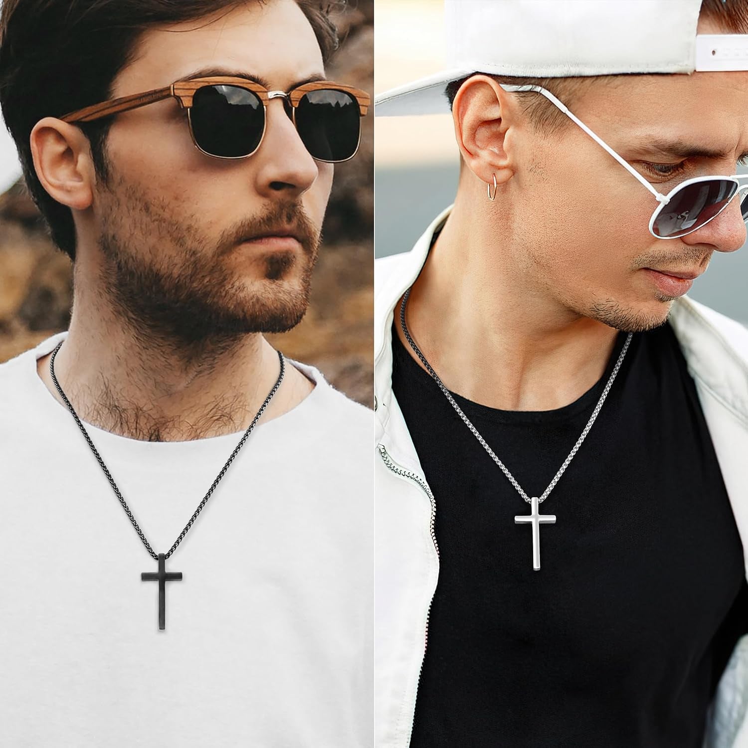 2 Pcs Cross Necklace for Men Boys,Stainless Steel Pendant Silver Black Gold Crosses Chain Jewelry Gifts Box 16-30 Inches - WORLD TIME VISITS