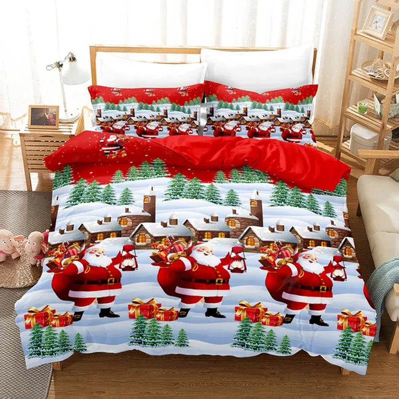 3Pcs/Set Christmas Duvet Cover Pillowcase Set,Christmas Holiday Decorative Comforter Cover Set Red with Christmas Reindeer and Snowflake Patterns Pillowcase (Quilt, pillow heart not included)