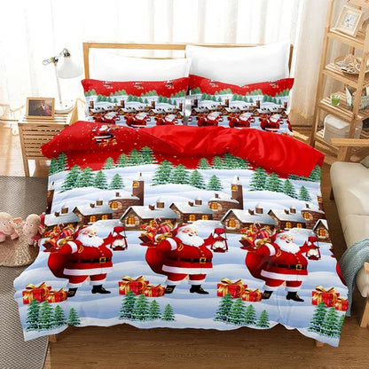 3Pcs/Set Christmas Duvet Cover Pillowcase Set,Christmas Holiday Decorative Comforter Cover Set Red with Christmas Reindeer and Snowflake Patterns Pillowcase (Quilt, pillow heart not included)