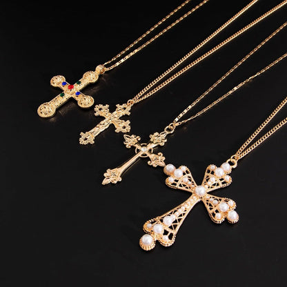 Cross Pendant Necklace Set for Women Punk Grunge Imitation Pearl Cross Layered Chain Necklace Statement Y2K Jewelry