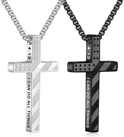 Valentines Day Gifts for Him Men Boys 2 Pcs Cross Necklace - Silver Black Stainless Steel Bible Verse Cross Chain Pendant Necklace for Men Christian First Communion Jewelry Gift 18-24 Inches