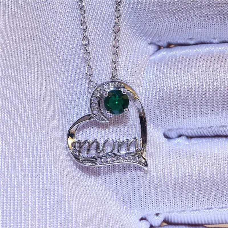 Love Mum Silver Plated Ruby MOM Character Emerald Necklace Jewelry Family Birthday Best Gift for Mother Mummy Party Wedding Band Necklace Christmas Gift - WORLD TIME VISITS