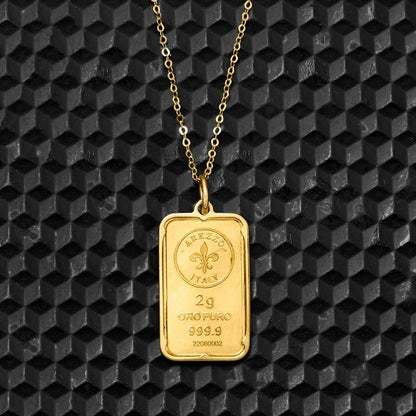 Italian 24Kt Yellow Gold Fleur-De-Lis 2-Gram Ingot Pendant Necklace with 14Kt Yellow Gold Frame. 20 Inches