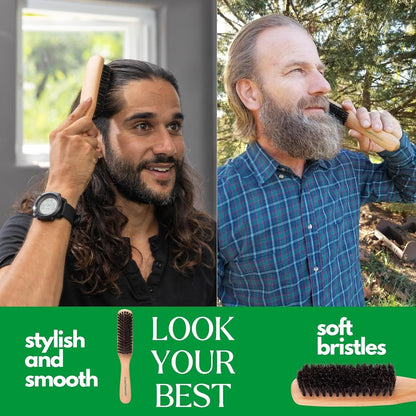 Boar Bristle Slick Back Hair Brush - Soft/Medium Smoothing Hairbrush to Style, Polish, & Lay Hair down Flat to Create a Sleek Frizz Free Hairstyle for Women and Men - Wooden Handle