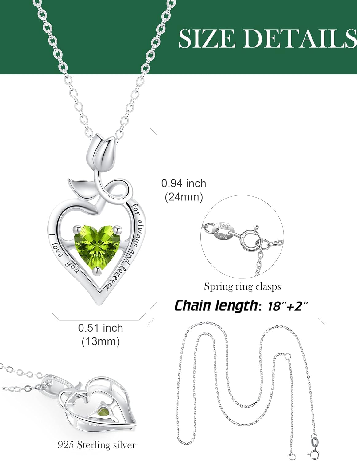 Fine Jewelry Birthstone Natural Peridot Necklace Sterling Silver Rose Flower Heart Gemstone Pendant Anniversary Birthday Gifts for Women Her Wife Mom
