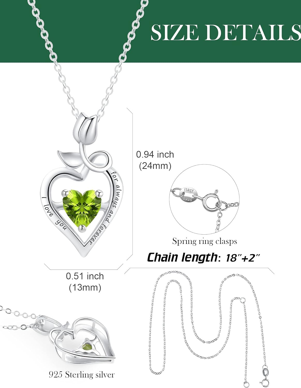 Fine Jewelry Birthstone Natural Peridot Necklace Sterling Silver Rose Flower Heart Gemstone Pendant Anniversary Birthday Gifts for Women Her Girls Wife Mom