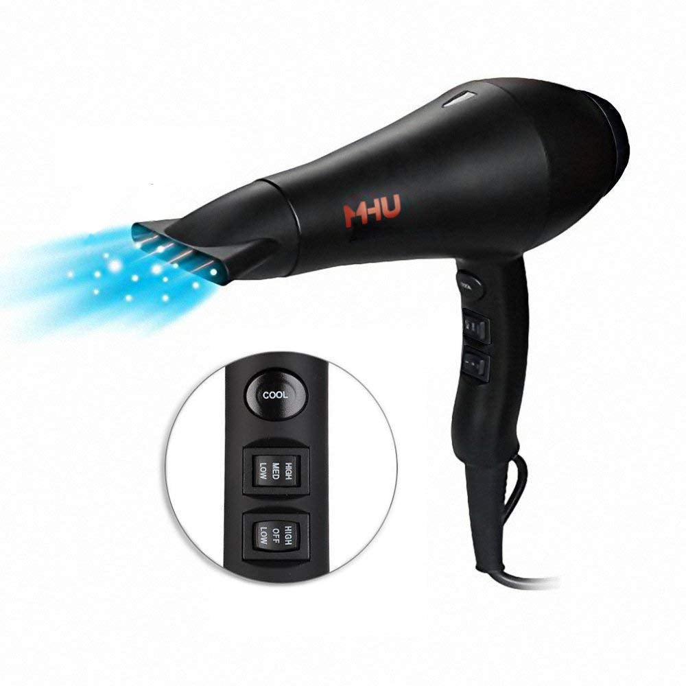 MHU Professional Salon Grade 1875W Low Noise Ionic Ceramic Ac Infrared Heat Hair Dryer plus One Concentrator and One Diffuser Black Color - WORLD TIME VISITS