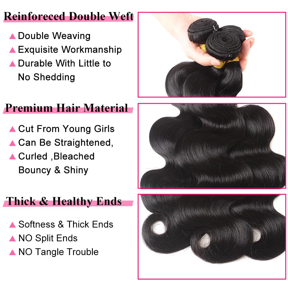 12A Human Hair Bundles Body Wave Bundles Human Hair 14 16 18 Inch 3 Bundles Human Hair 100% Unprocessed Brazilian Virgin Hair Deals Weave Bundles Human Hair Extension Natural Color