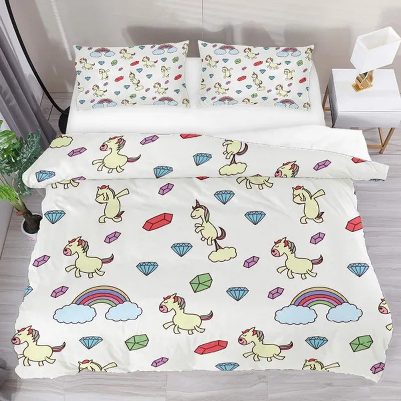 Bedding Set Funny Unicorn Seamless Diamond Rainbow Pattern Extral Long Twin Size 71x83 3pcs Duvet Cover Set Modern Customize Microfiber Quilt Bedspread with 2 Pillow Cases 1 Duvet Cover