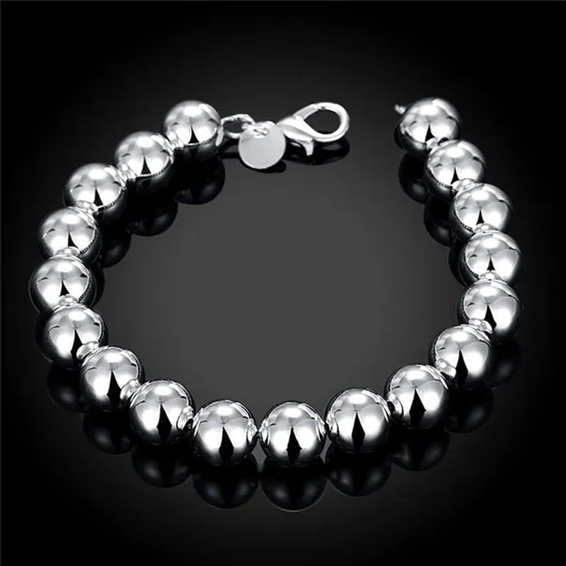Fashion 925 Sterling Silver 8Mm Hollow Smooth round Beads Necklace Bracelets Set for Women Wedding Engagement Party Jewelry