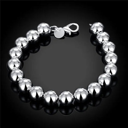 Fashion 925 Sterling Silver 8Mm Hollow Smooth round Beads Necklace Bracelets Set for Women Wedding Engagement Party Jewelry