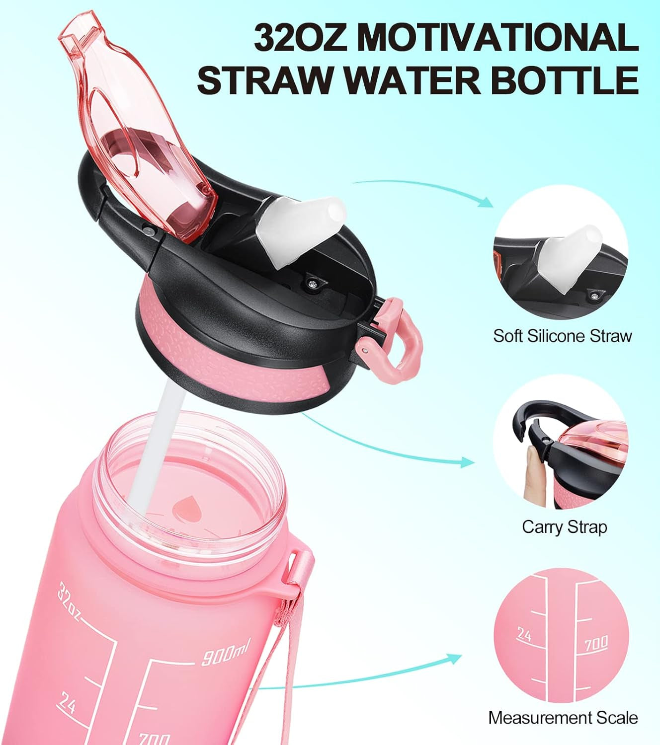 32/24 Oz Water Bottles with Removable Straw & Time Marker, Motivational Sports Bottles with BPA Free Tritan Material, Leakproof Water Jug for Fitness - WORLD TIME VISITS