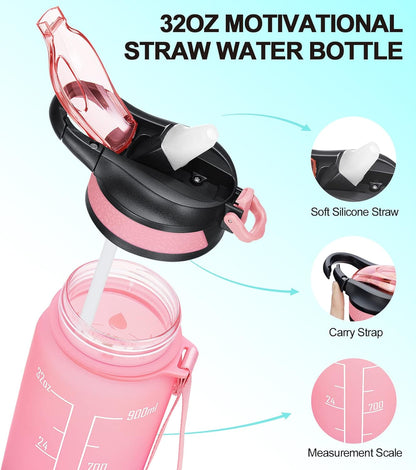 32/24 Oz Water Bottles with Removable Straw & Time Marker, Motivational Sports Bottles with BPA Free Tritan Material, Leakproof Water Jug for Fitness - WORLD TIME VISITS