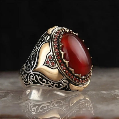 New Retro Two Tone 925 Silver Carved Ruby Inlaid Ring Big Gem Luxury Mens Party Charm Jewelry High Quality Gift - WORLD TIME VISITS