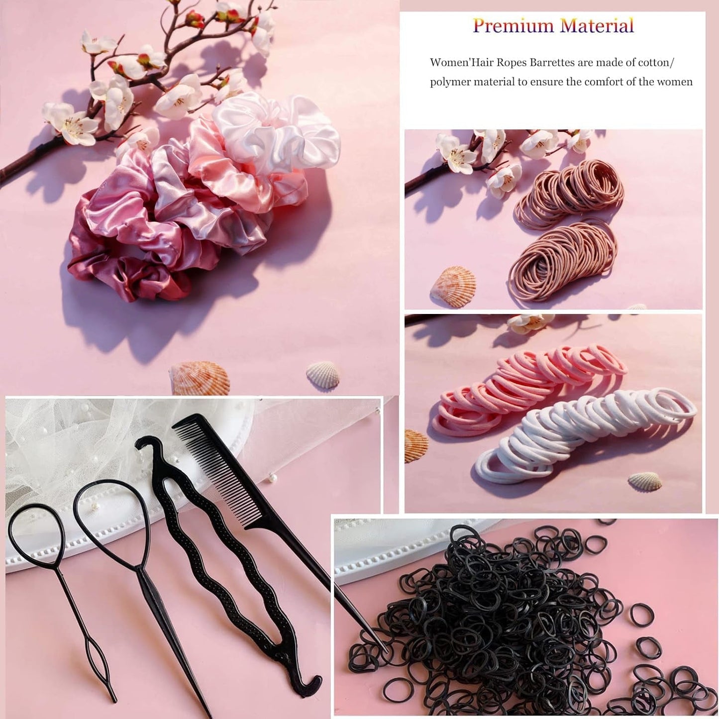 Hair Accessories Set: 755PCS Seamless Ponytail Holders, Scrunchies, Hair Bands, and Hair Ties for Thick and Curly Hair (Gradient Powder)