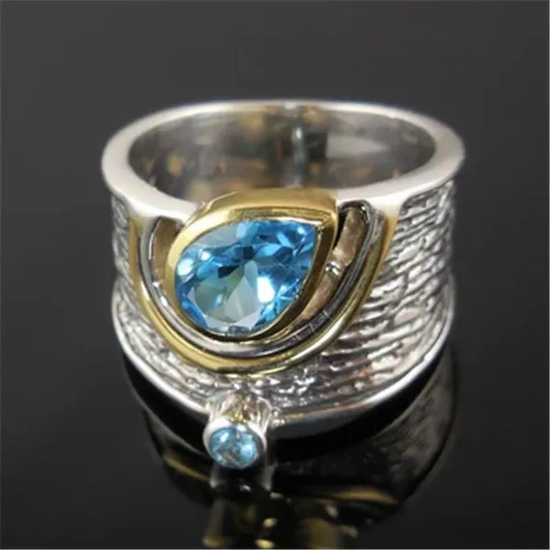 Fashion Boho Two Tone Ring Blue Sapphire Vintage Wide Ring for Women Fine Jewelry Gifts