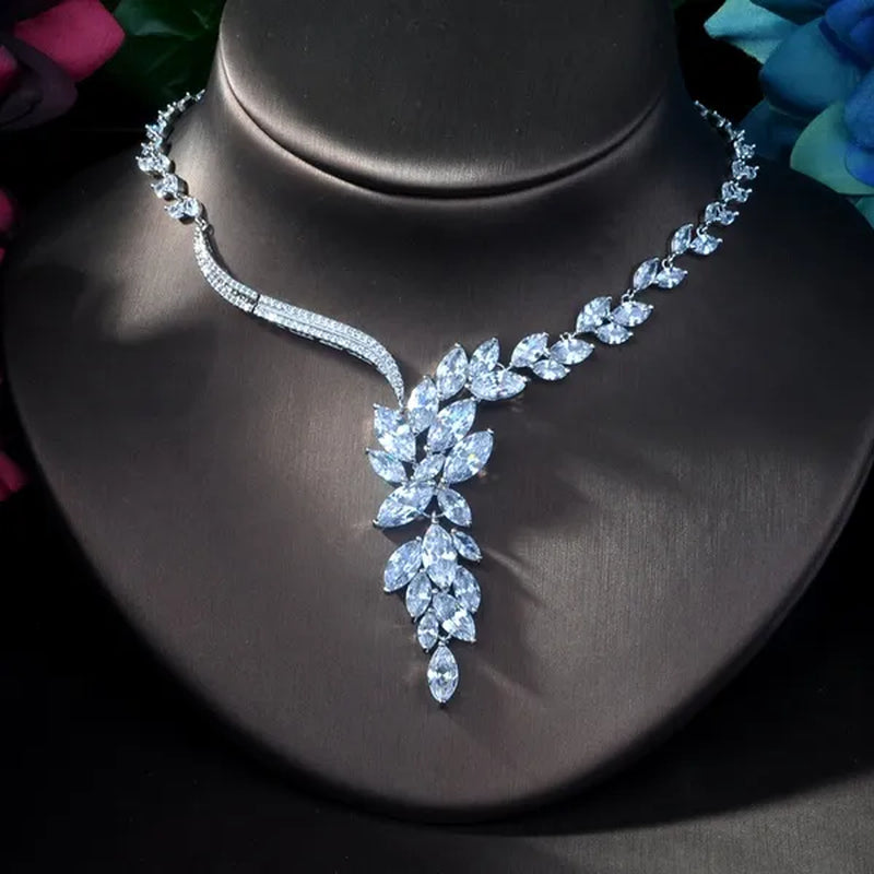 CANDICE Gorgeous Big Long Flower Pendant Necklace Earrings and Bracelet Bridal 3pcs Set Pave Brilliant Marquise Cubic Zirconia Platinum Plated Wedding Party Jewelry for Women