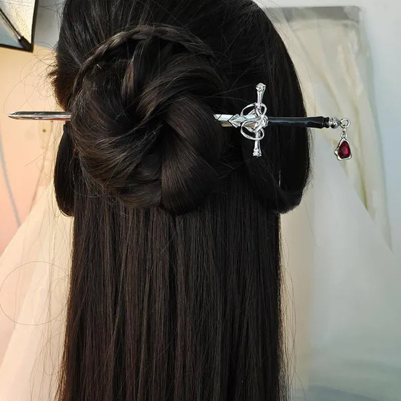 Hair Chopsticks,Comics Chinese Style Hair Pin Sword Hair Sticks for Bun with Tassel Red Gem Hair Accessories for Women Girls Long Hair
