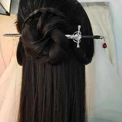 Hair Chopsticks,Comics Chinese Style Hair Pin Sword Hair Sticks for Bun with Tassel Red Gem Hair Accessories for Women Girls Long Hair