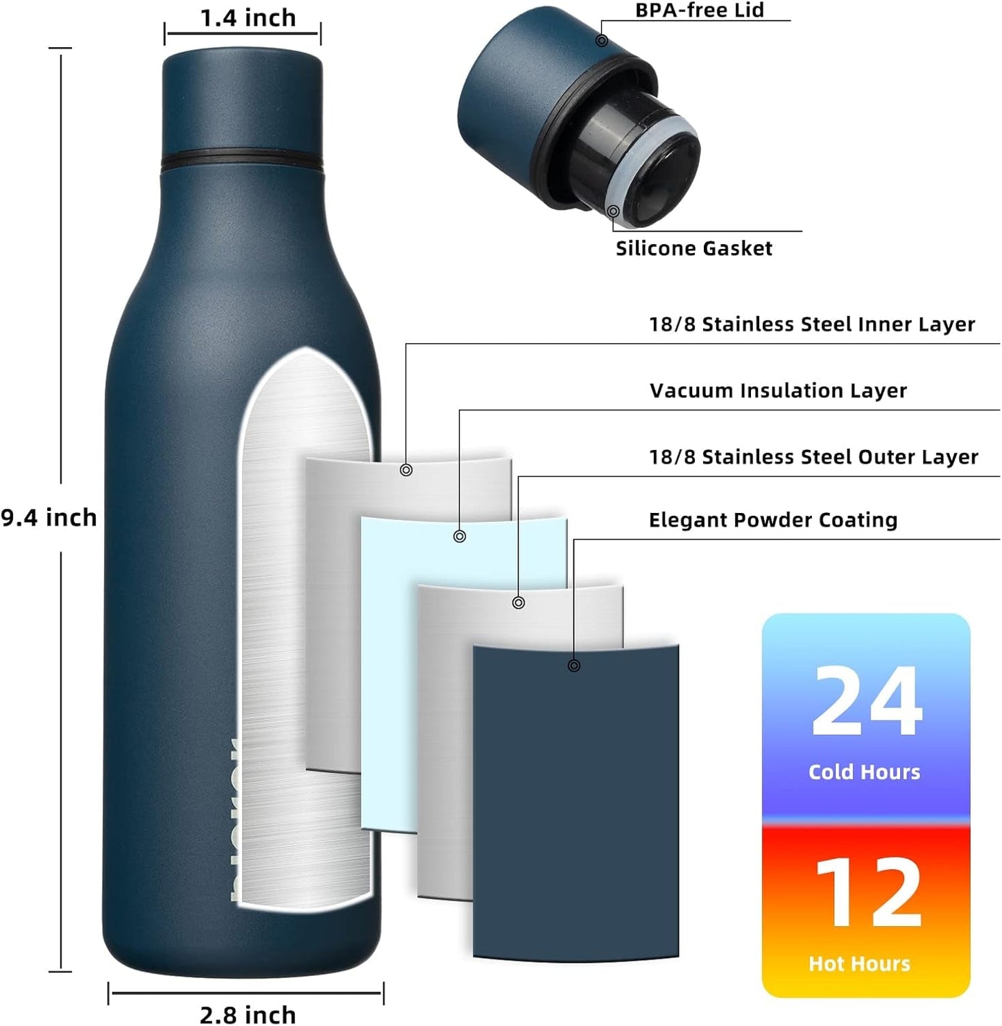 Insulated Water Bottles, 18 Oz Stainless Steel Metal Water Bottle with Strap, BPA Free Leak Proof Thermos, Mugs, Flasks, Reusable Water Bottle for Sports & Travel, Navy Blue