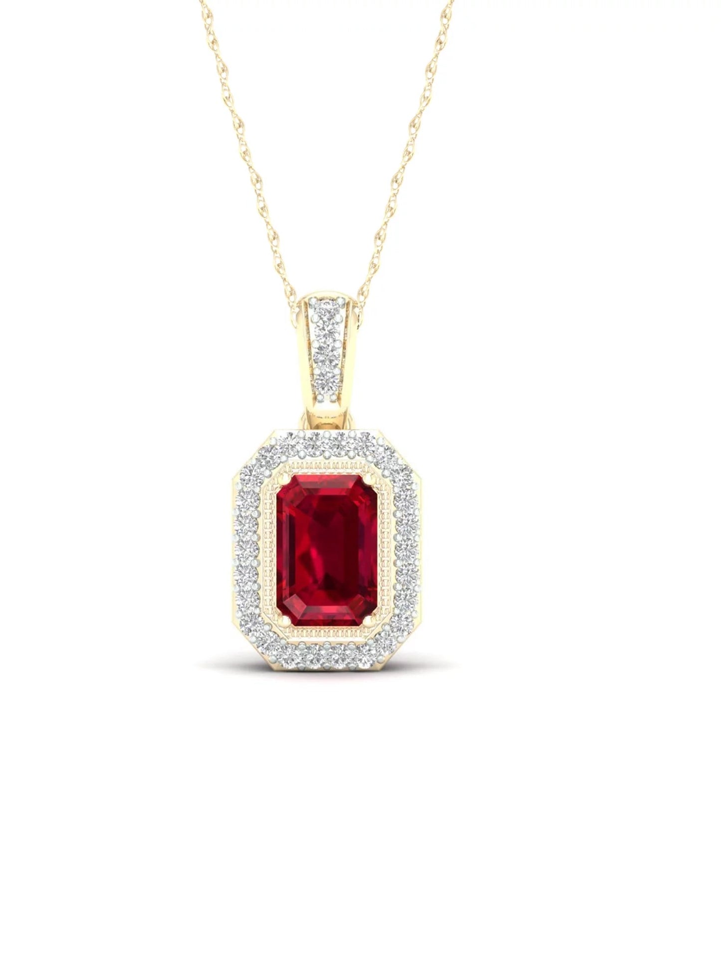 Gemstone 10K Yellow Gold Emerald Cut Ruby 1/10 CT TW Diamond Halo Necklace