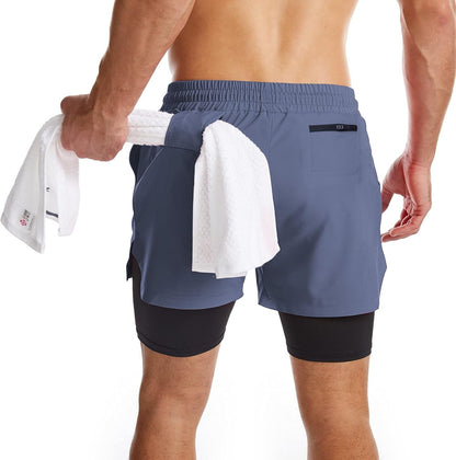 Mens 2 in 1 Running Shorts Quick Dry Athletic Shorts with Liner, Workout Shorts with Zip Pockets and Towel Loop - WORLD TIME VISITS
