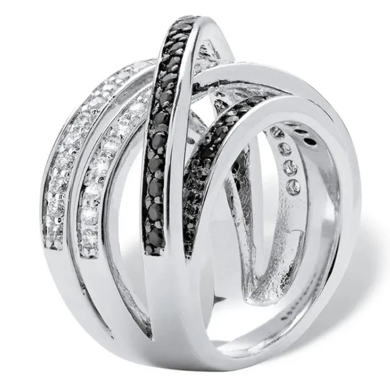Trendy Multilayer 925 Sterling Silver Plated Diamond Black Gemstone Rings for Women Bridal Engagement Proposal Ring Jewelry