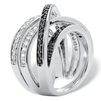 Trendy Multilayer 925 Sterling Silver Plated Diamond Black Gemstone Rings for Women Bridal Engagement Proposal Ring Jewelry